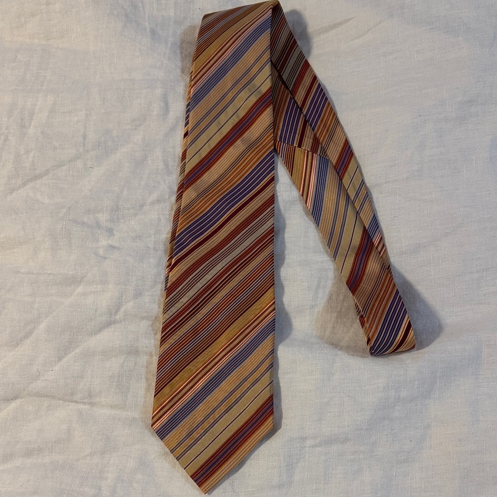 Geoffery Beene striped gold/blue/red silk necktie.  Buy 2 get 50% off